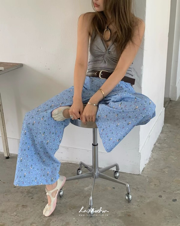 抓摺碎花寬褲